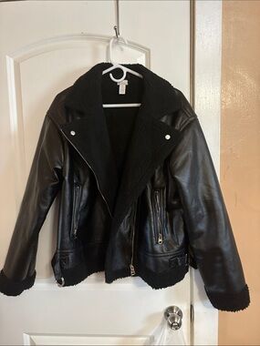 Women's Black Faux Leather Sherpa-Trim Biker Jacket